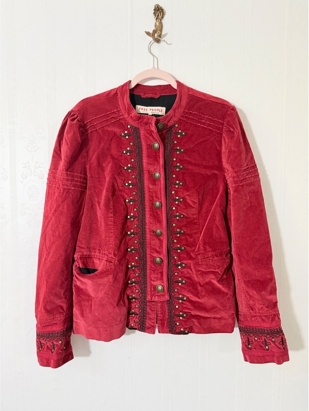 Free People Military Style Red Velvet Jacket | Size L